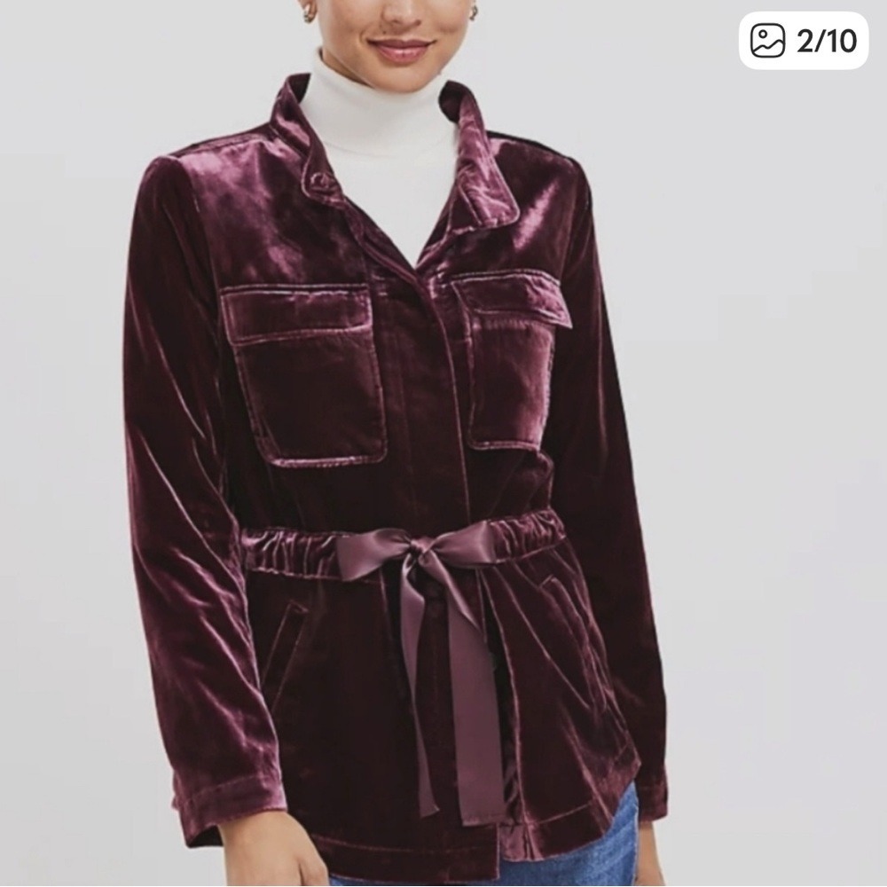 LOFT Crushed Velvet Velour Blazer‎ Jacket Deep Burgundy Plum Button Down Size XS
